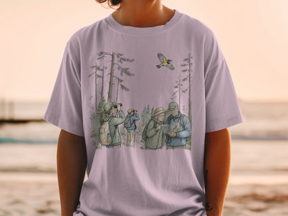 Illustration of birdwatchers in a forest with a bird flying overhead.