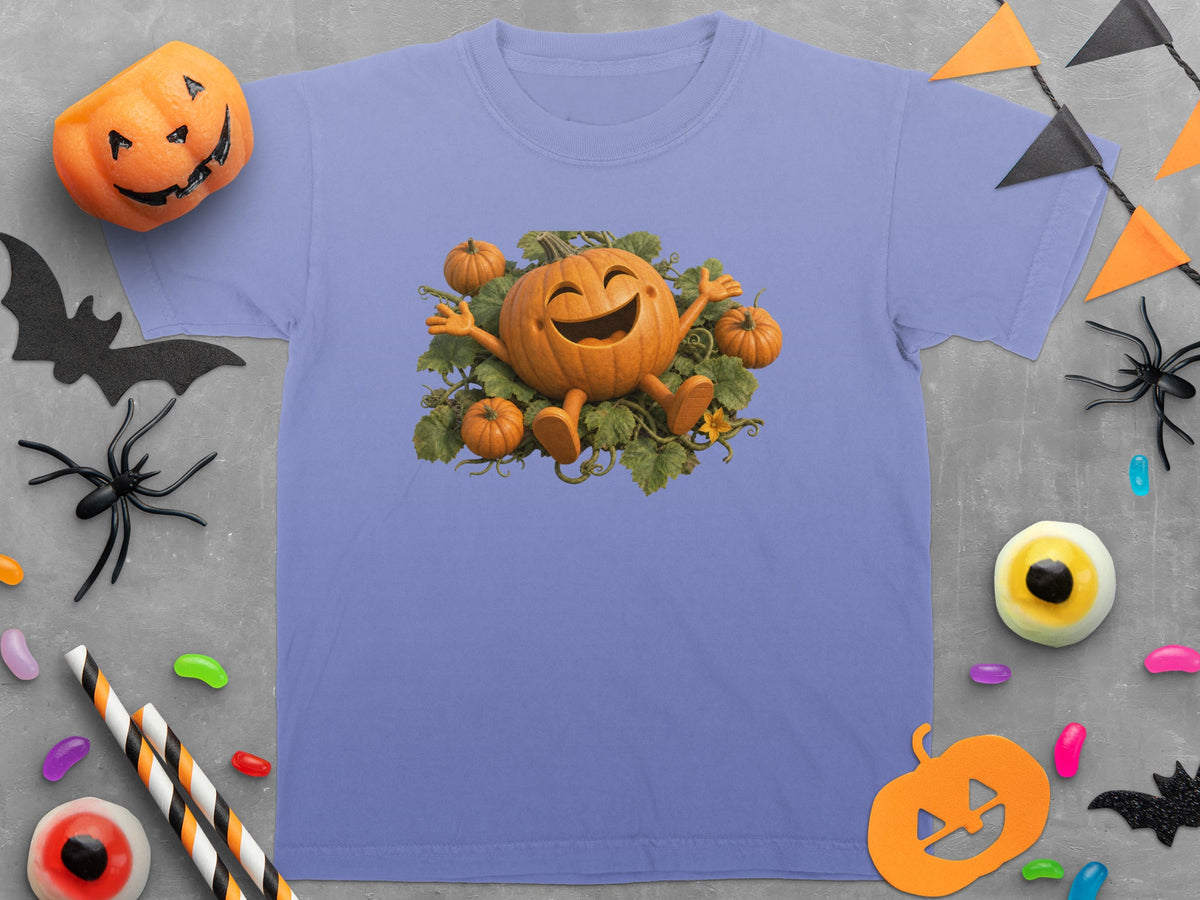 Lavender t-shirt with happy cartoon pumpkin graphic, surrounded by Halloween decorations.