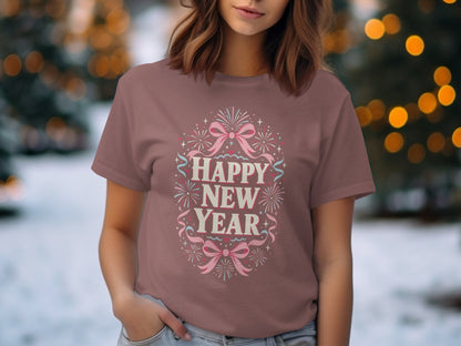 T-shirt with "Happy New Year" text, pink bows, and fireworks graphic.