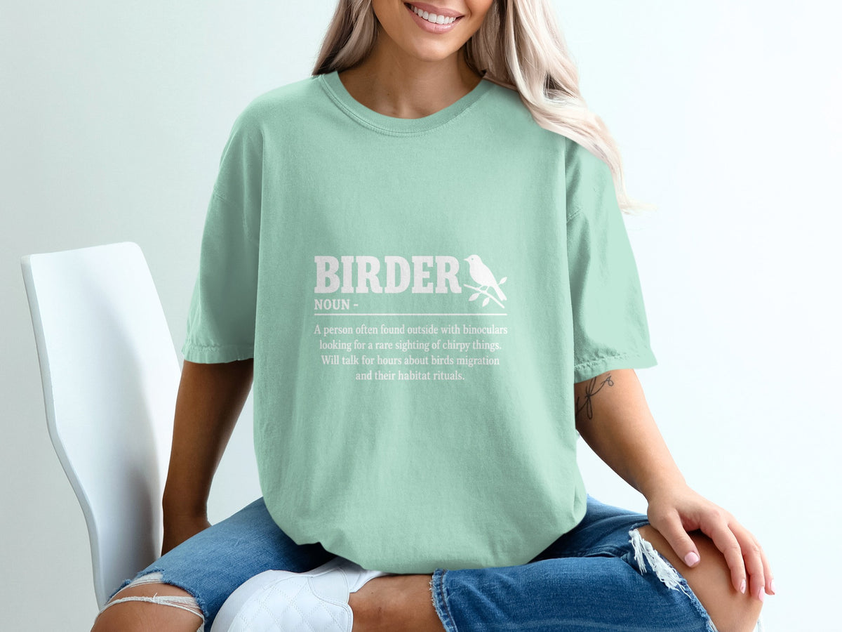 Mint green t-shirt with "Birder" definition and bird graphic.