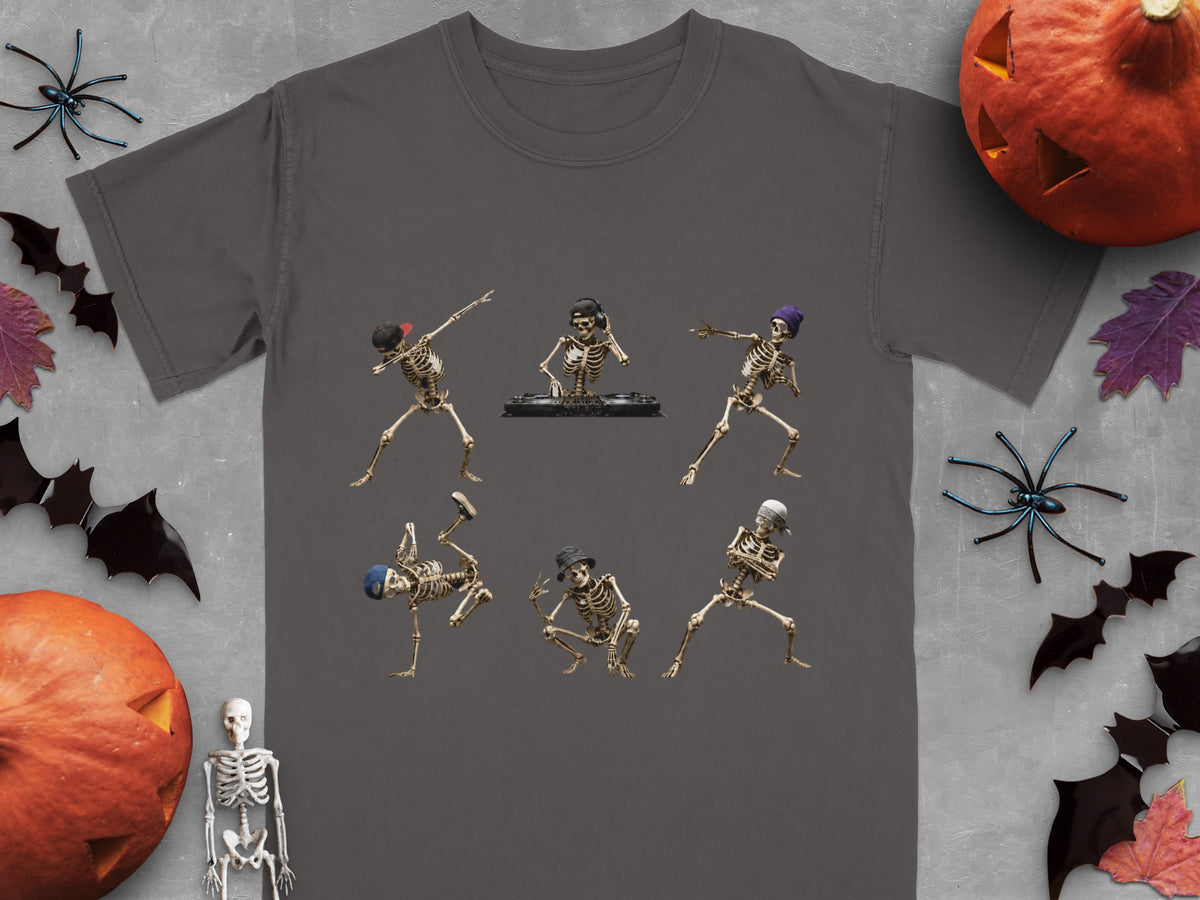 Dark grey t-shirt with six dancing skeletons and a DJ skeleton.
