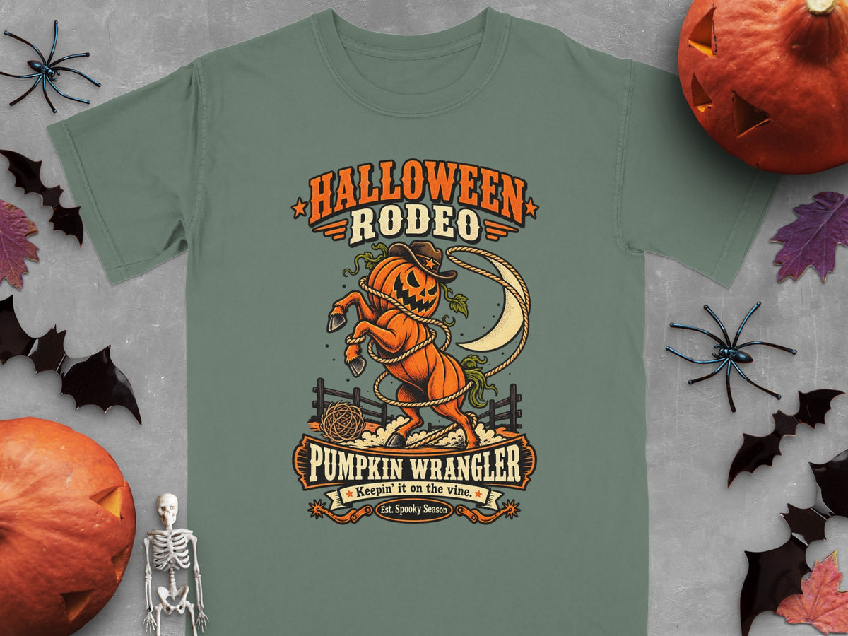 T-shirt graphic with Halloween Rodeo text, a pumpkin horse, and "Pumpkin Wrangler" text.