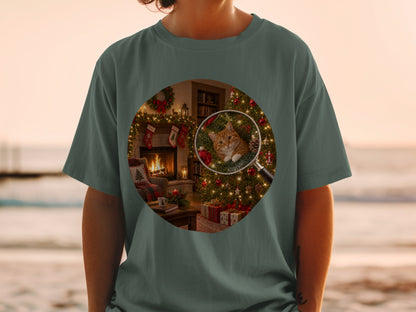 Magnifying glass focuses on orange tabby cat on Christmas tree with fireplace scene.