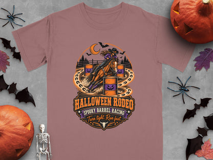 Halloween Rodeo spooky barrel racing graphic on a mauve t-shirt.