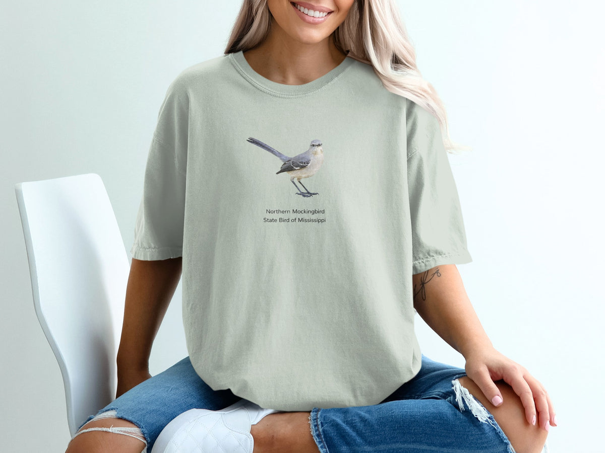 Light grey t-shirt with Northern Mockingbird art and text "State Bird of Mississippi".