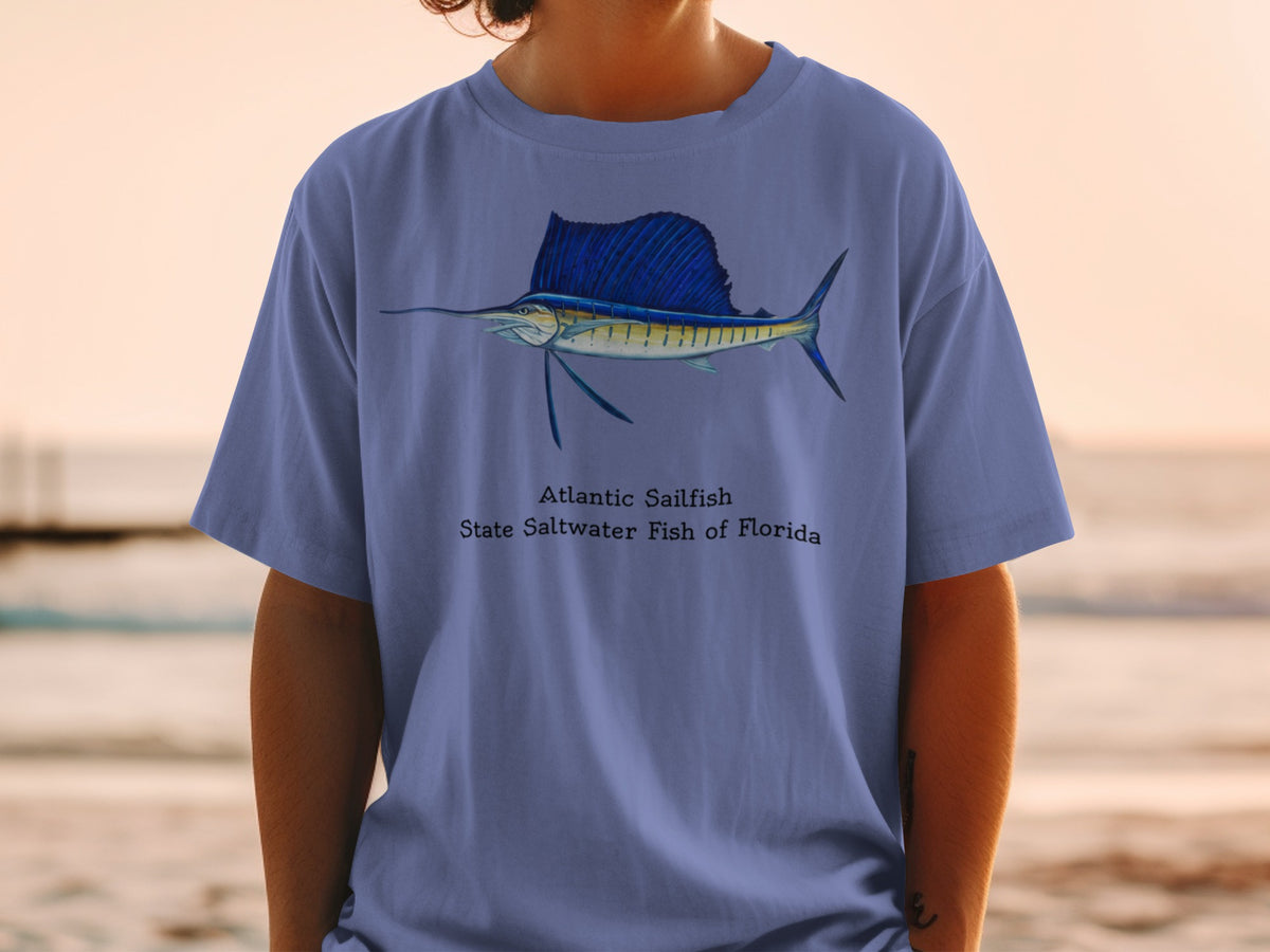 T-shirt with Atlantic Sailfish illustration and text "State Saltwater Fish of Florida".