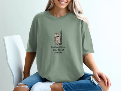 Green t-shirt with Northern Flicker bird and text "State Bird of Alabama".