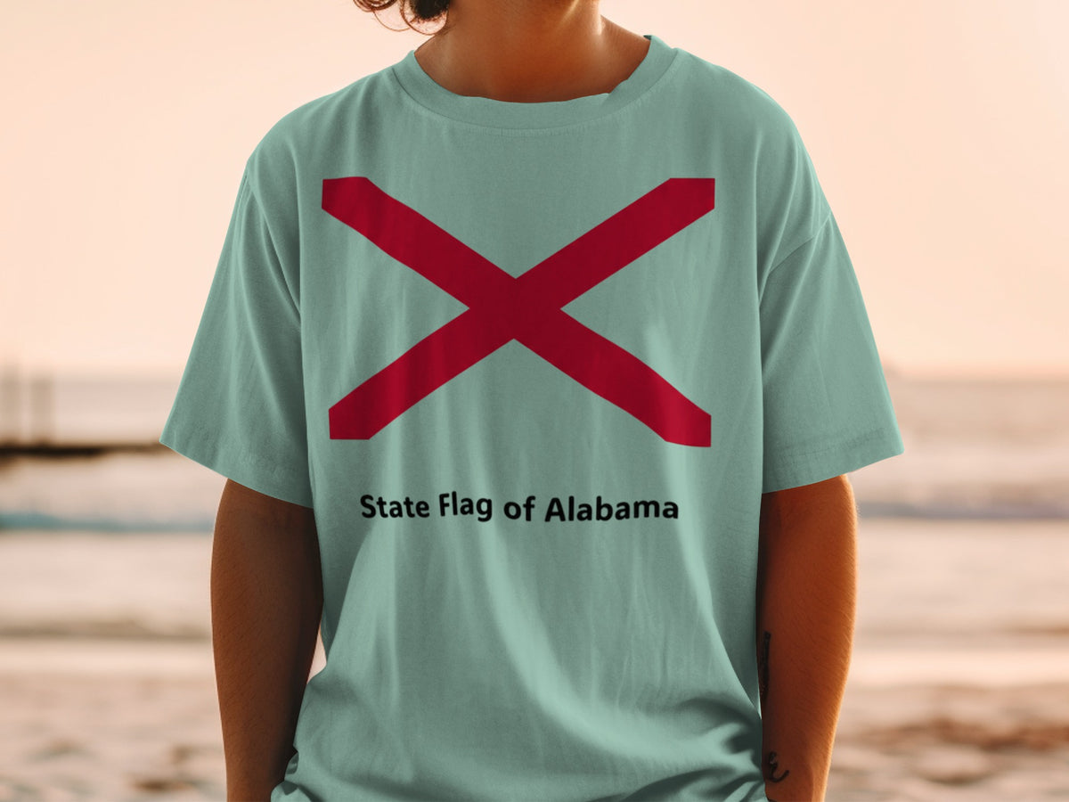 Light blue t-shirt with red St. Andrew's cross and "State Flag of Alabama" text.