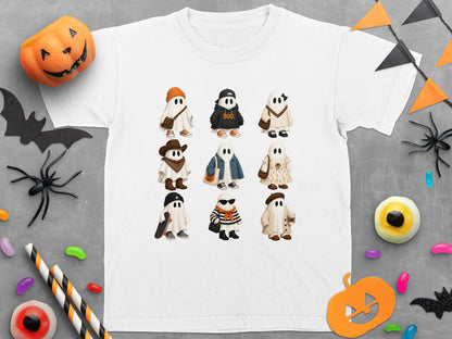 White t-shirt with nine different cute ghosts in various outfits and poses.