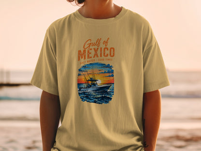 T-shirt graphic with "Gulf of Mexico", boat, and sunset.