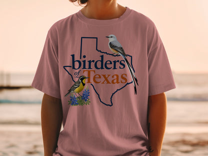 Texas outline with two birds and the text "birders of Texas."