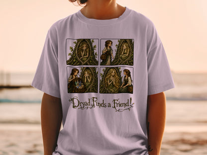 Four-panel comic shows a dryad interacting with another person, with "Dryad Finds a Friend!" text.