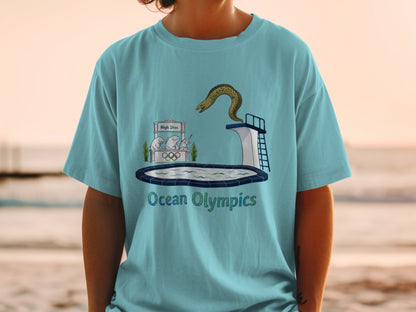 Illustration of an eel diving from a platform into a pool with Olympic rings and "Ocean Olympics" text.