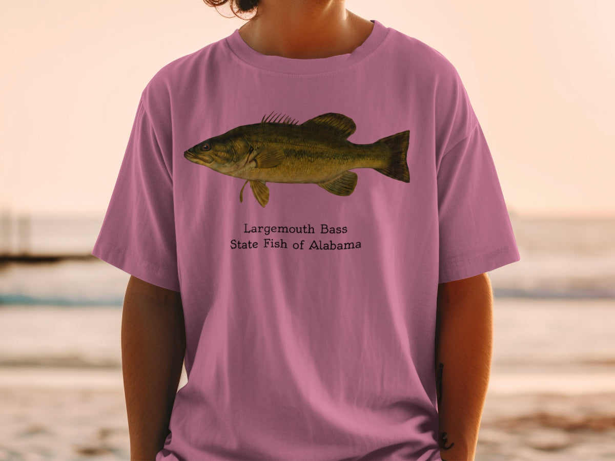 Largemouth Bass, State Fish of Alabama printed on pink t-shirt.