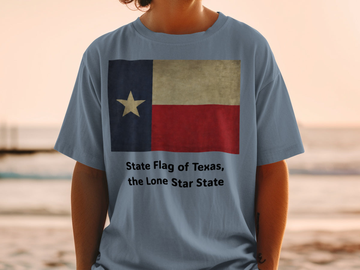 Shirt with Texas flag graphic and text "State Flag of Texas, the Lone Star State".