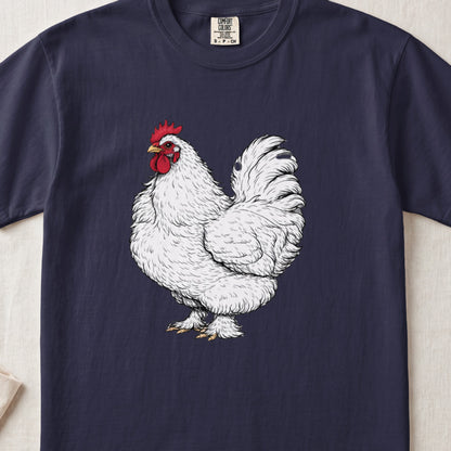 A navy blue t-shirt featuring a detailed white rooster illustration on the front.