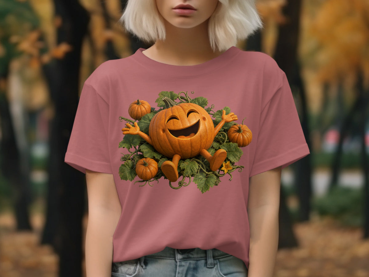 T-shirt with a smiling cartoon pumpkin surrounded by leaves and smaller pumpkins.