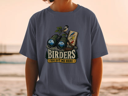 Graphic of binoculars and a bird-watching notebook with text "Birders You Got Me Here".