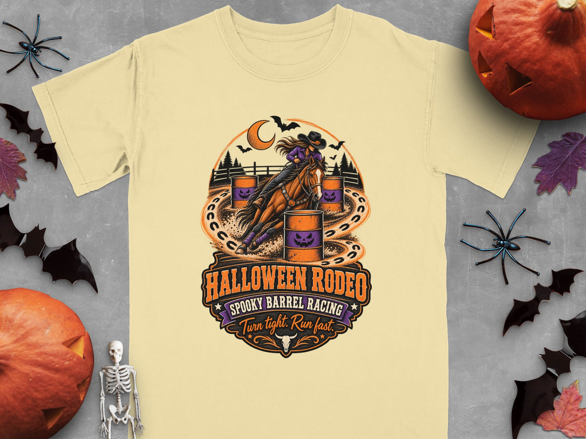 T-shirt graphic: Halloween Rodeo, spooky barrel racing, turn tight, run fast.