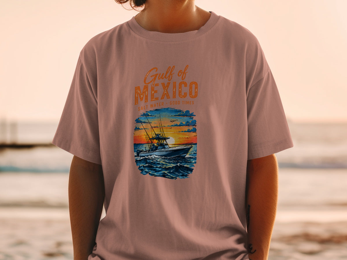T-shirt graphic with "Gulf of Mexico Salt Water Good Times" and fishing boat at sunset.