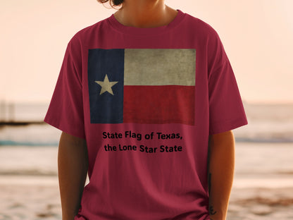 Maroon t-shirt with the State Flag of Texas and text "State Flag of Texas, the Lone Star State".
