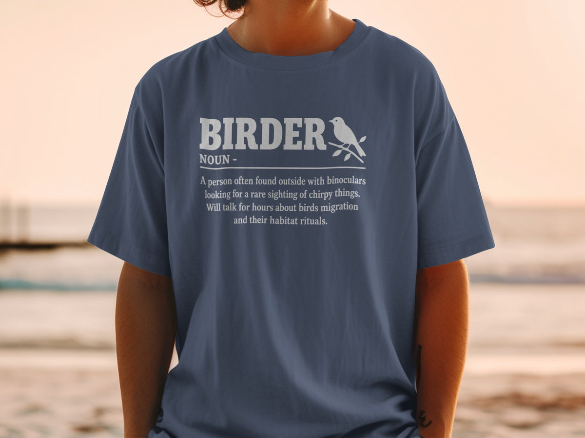 Navy t-shirt with "BIRDER" definition and bird graphic.