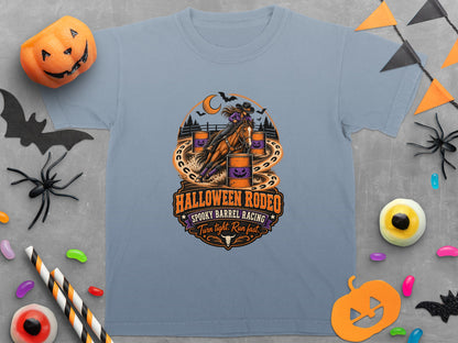 Halloween Rodeo graphic with barrel racing design and text "Spooky Barrel Racing Turn tight. Run fast."