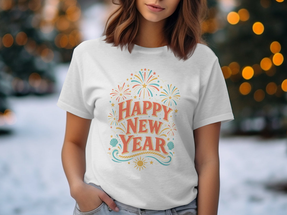 White t-shirt with "Happy New Year" text, fireworks, shells, and sun graphic.