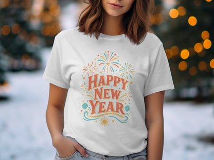 White t-shirt with "Happy New Year" text, fireworks, shells, and sun graphic.