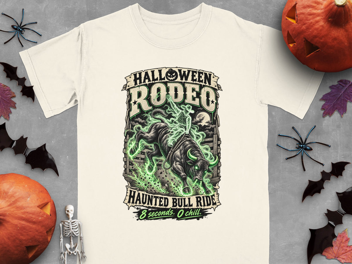 T-shirt with "Halloween Rodeo Haunted Bull Ride" graphic.