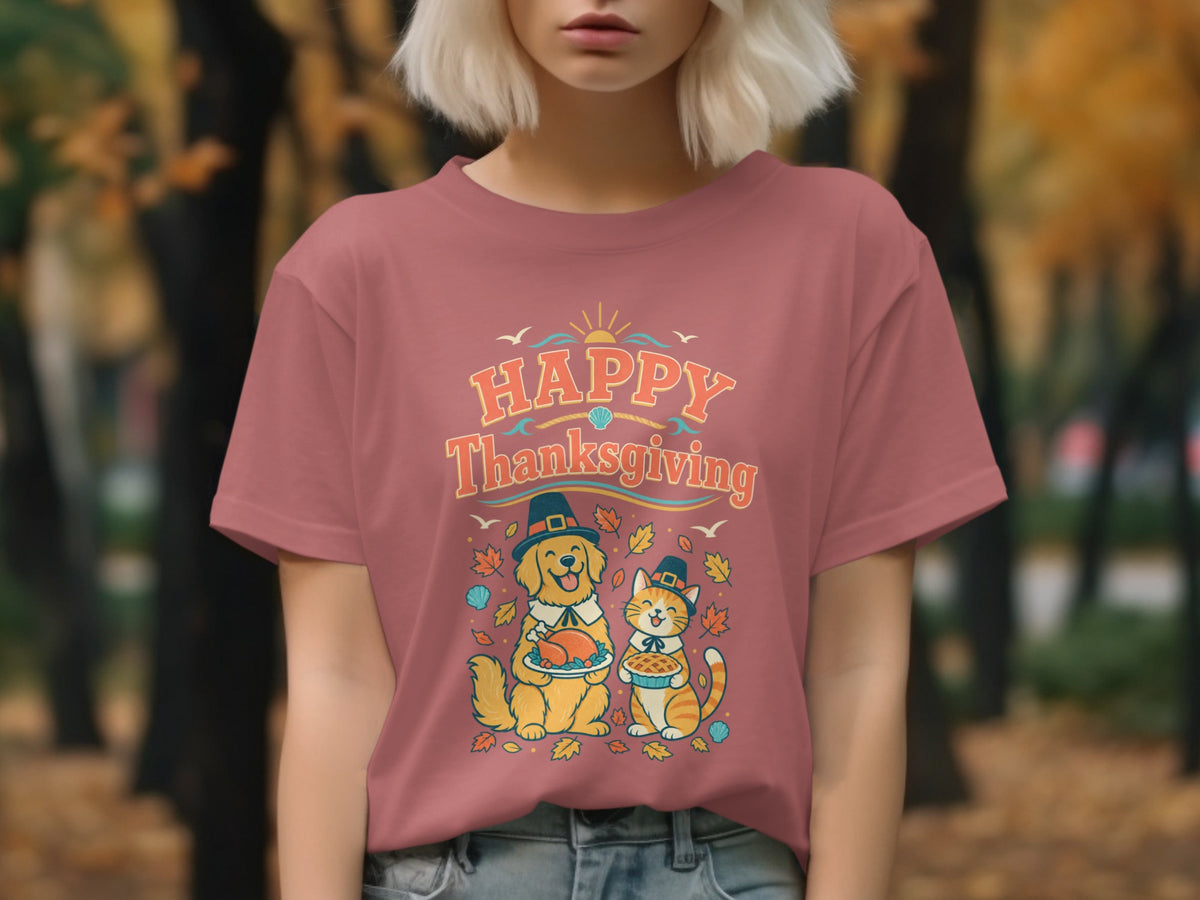 Happy Thanksgiving design with a dog holding a turkey and a cat holding a pie.