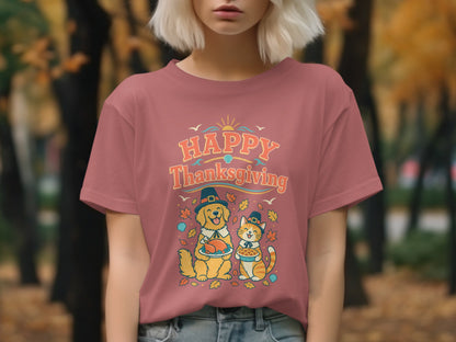 Happy Thanksgiving design with a dog holding a turkey and a cat holding a pie.