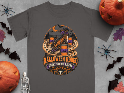 Grey t-shirt with Halloween Rodeo spooky barrel racing graphic.