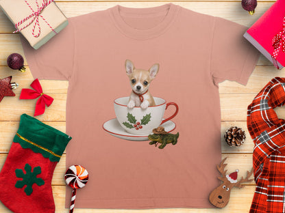 Peach t-shirt with a chihuahua in a teacup and a alligator wearing a cowboy hat.