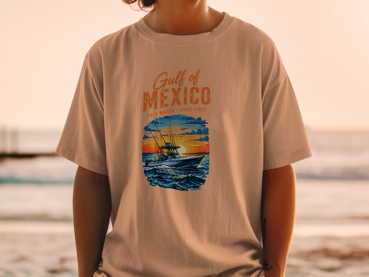 T-shirt graphic: "Gulf of Mexico Salt Water - Good Times" with fishing boat at sunset.