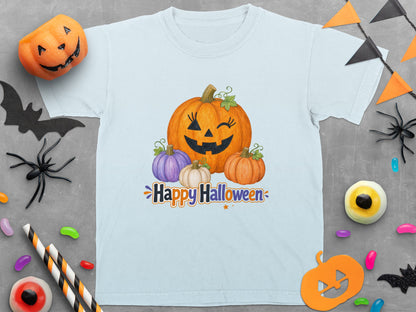 Light blue t-shirt with smiling pumpkins and "Happy Halloween" text.