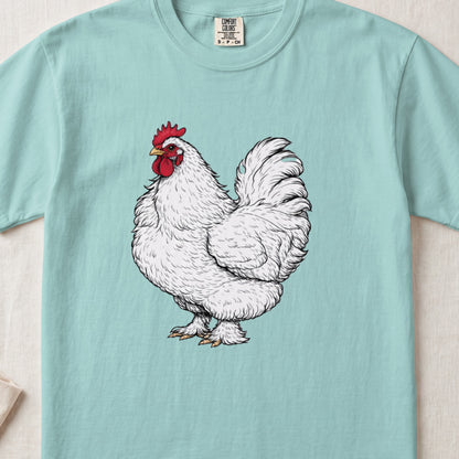 Light blue crewneck t-shirt featuring an illustrated white rooster with a red comb in the center.