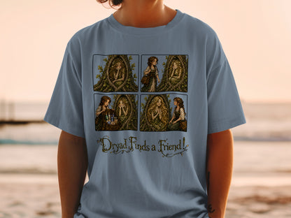 Four-panel comic of a dryad in a tree with text "Dryad Finds a Friend!".