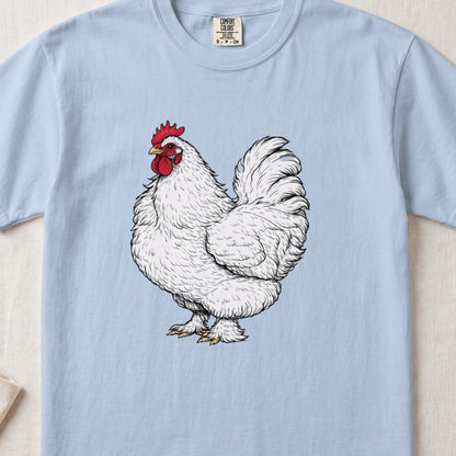 Light blue t-shirt featuring a detailed illustration of a white rooster with a red comb.