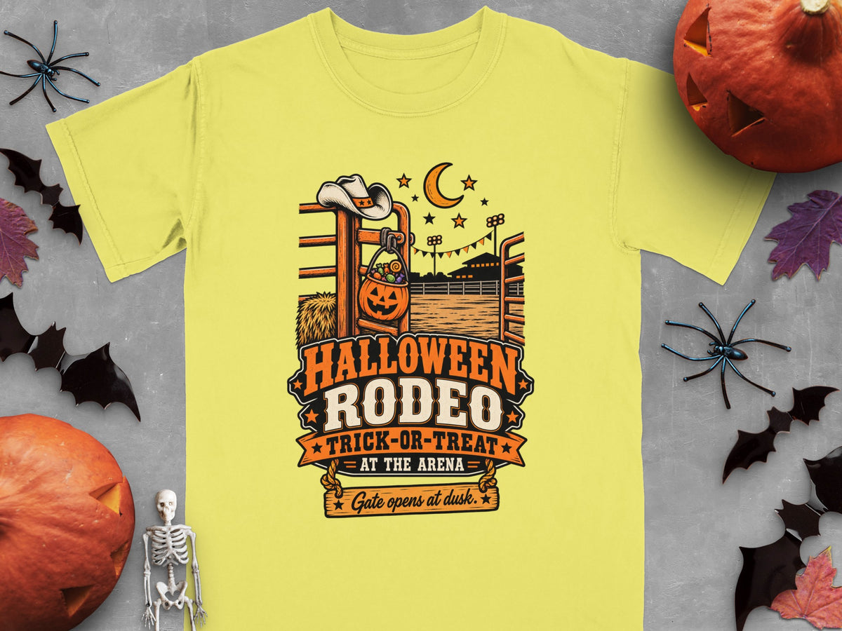 Yellow t-shirt with Halloween Rodeo trick-or-treat design and gate opens at dusk text.