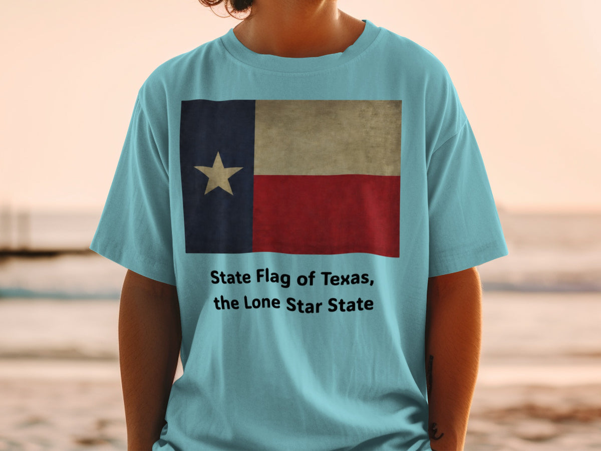 Light blue t-shirt with the State Flag of Texas, "the Lone Star State" text.