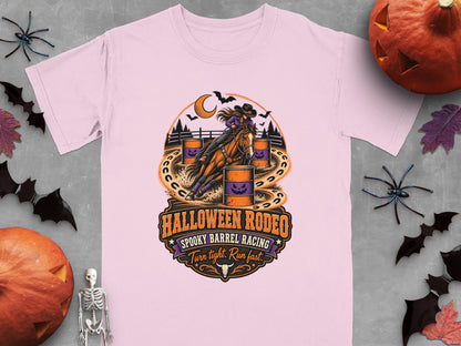Halloween Rodeo spooky barrel racing t-shirt with horse, barrels, moon, and bats.