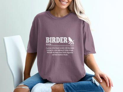T-shirt with white text defining "BIRDER" and an illustration of a bird.