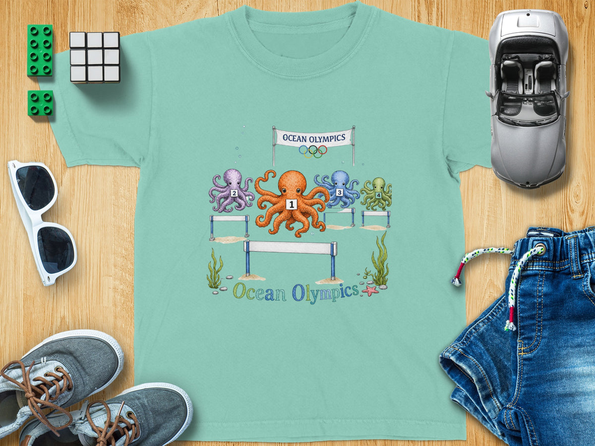 T-shirt graphic shows four octopuses participating in an "Ocean Olympics" hurdle race.