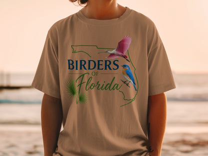 T-shirt with "Birders of Florida" text and Florida outline featuring birds.