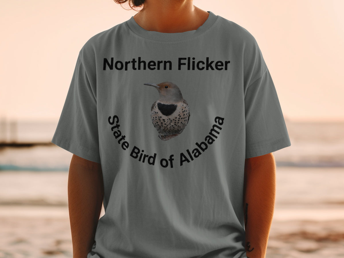 Northern Flicker state bird of Alabama graphic on a t-shirt.