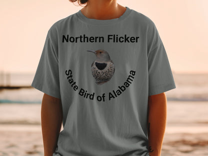 Northern Flicker state bird of Alabama graphic on a t-shirt.