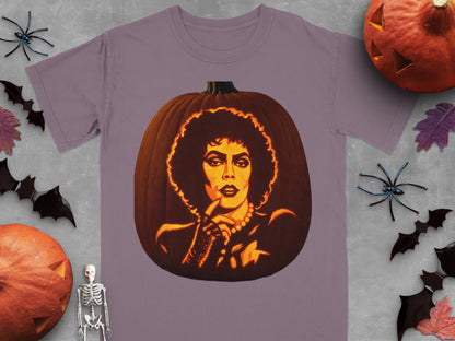 A grey t-shirt featuring a lit jack-o'-lantern carved with the face of Frank-N-Furter from Rocky Horror.