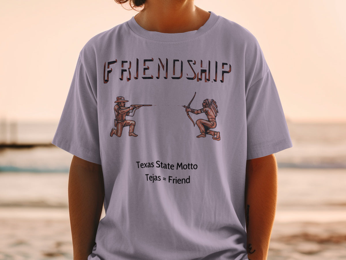 T-shirt with "FRIENDSHIP" text, a cowboy with a rifle and a Native American with a bow.
