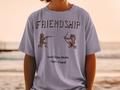 T-shirt with "FRIENDSHIP" text, a cowboy with a rifle and a Native American with a bow.